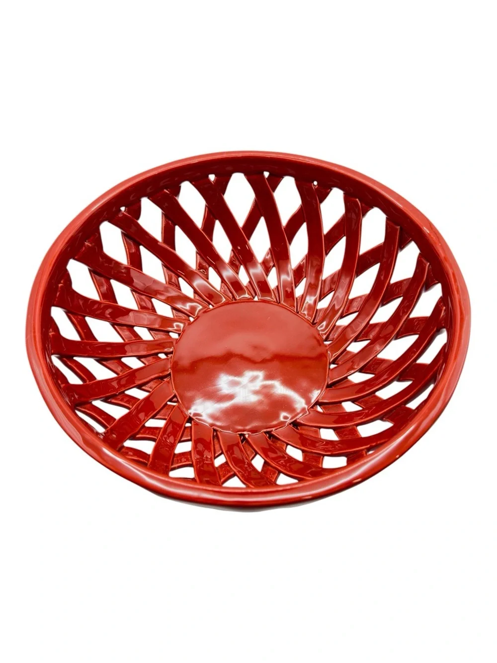 Red Openwork Ceramic Basket Bowl Decorative Fruit Bowl Lattice Centerpiece